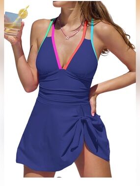 Navy One Piece Swimdress neon Multicolor Straps nwt Popvil small tummy control
